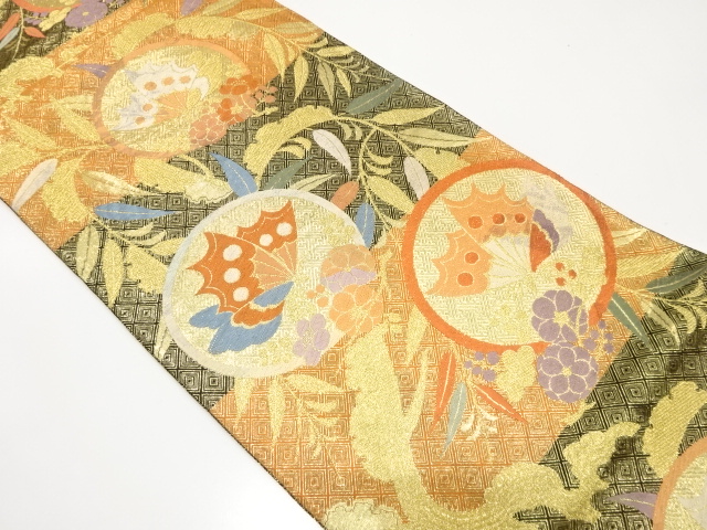 アンティーク　佐賀錦　枝垂れ柳に梅・蝶模様織り出し袋帯（材料）